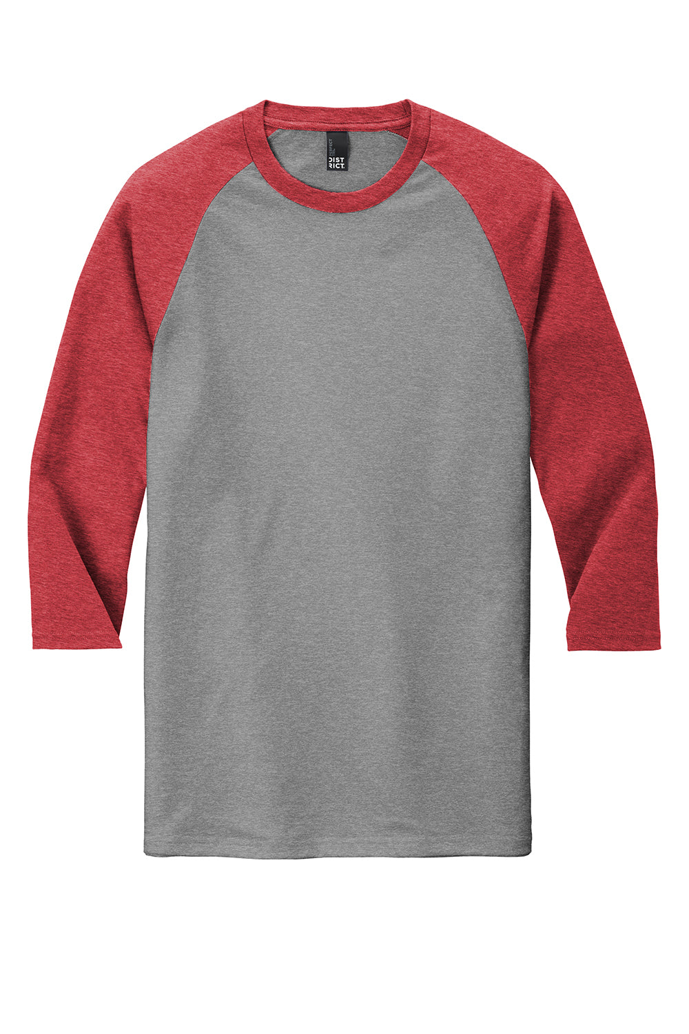 District DM136 Mens Perfect Tri 3/4 Sleeve Crewneck T-Shirt Grey Frost/Red Flat Front