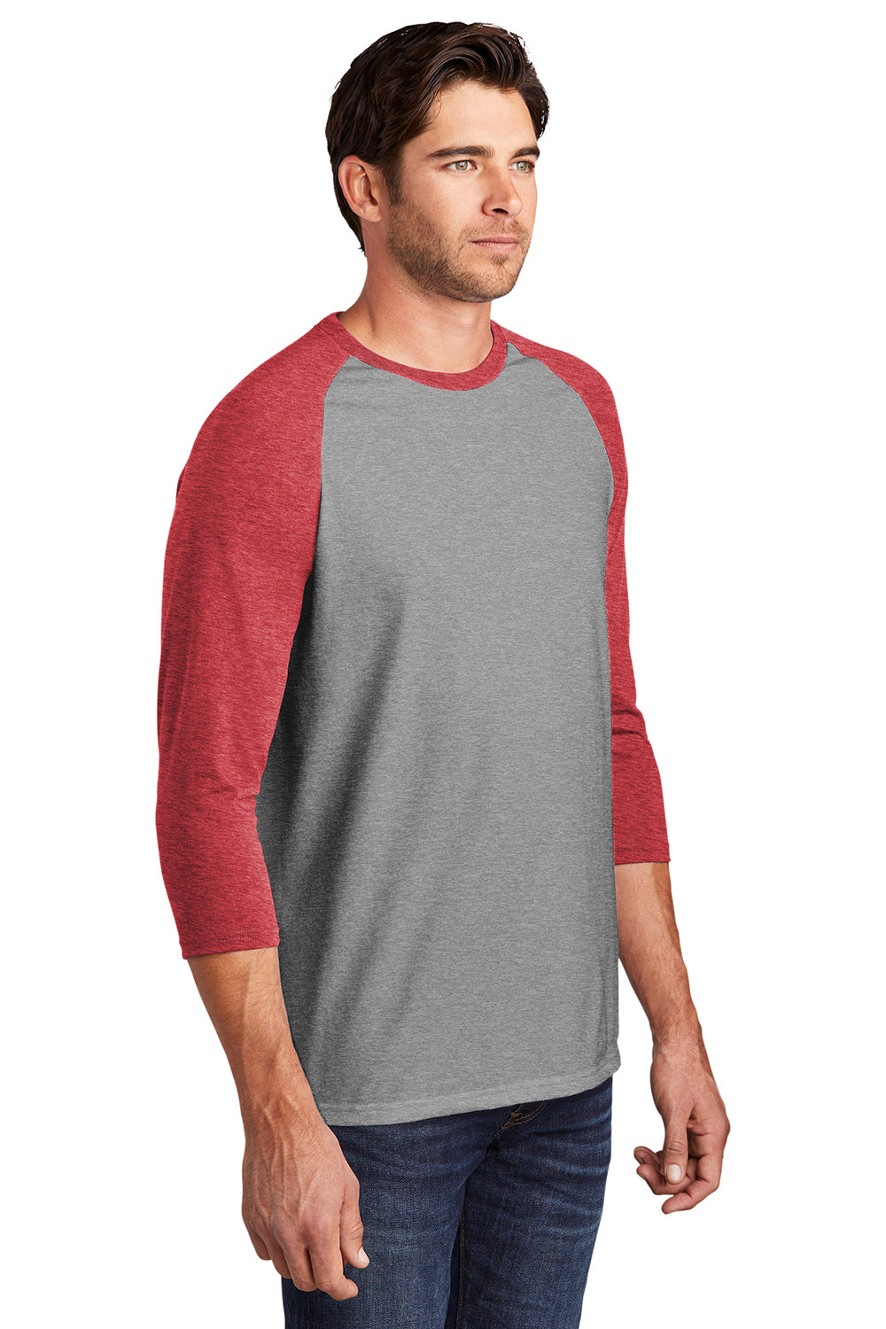 District DM136 Mens Perfect Tri 3/4 Sleeve Crewneck T-Shirt Grey Frost/Red Model 3q