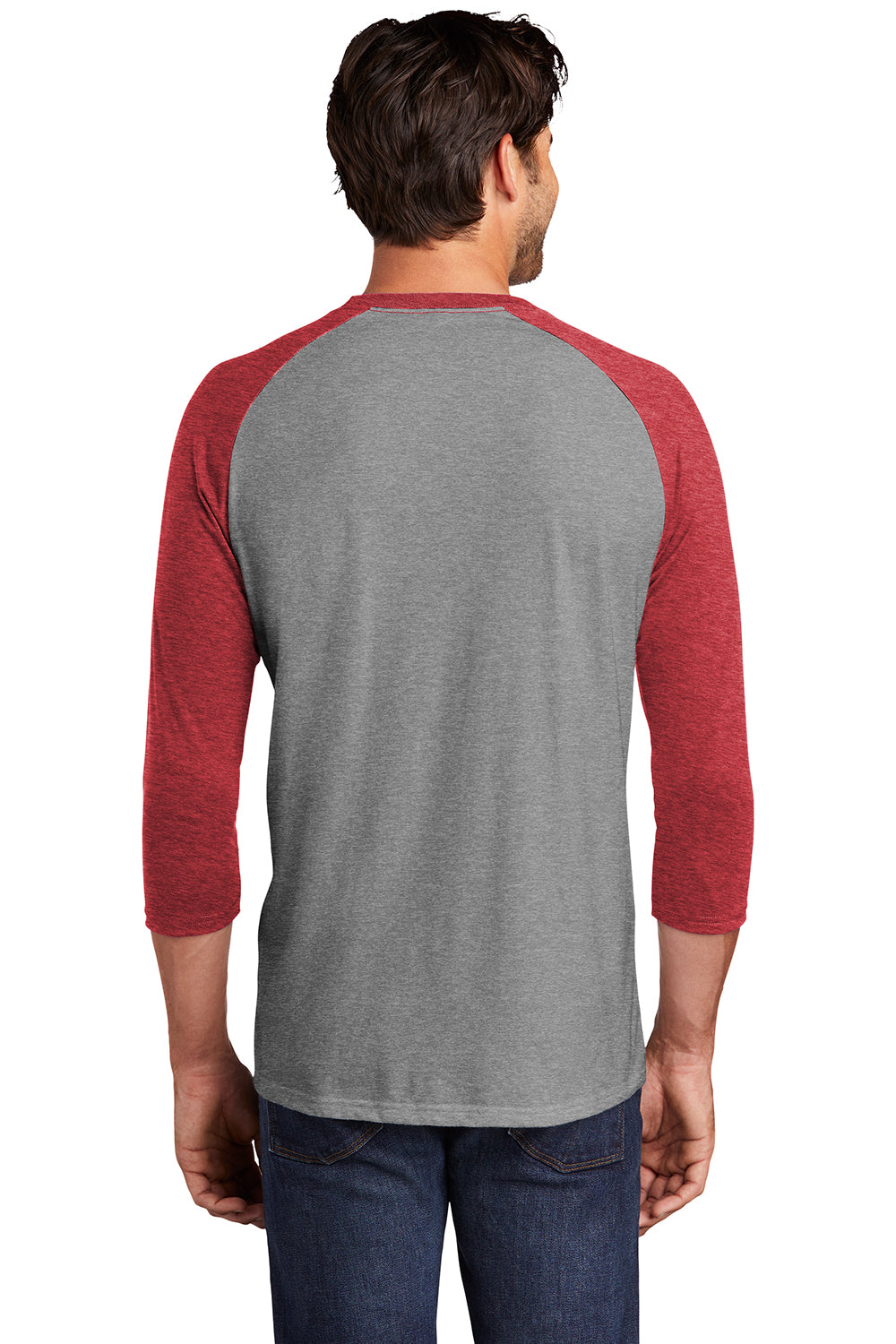 District DM136 Mens Perfect Tri 3/4 Sleeve Crewneck T-Shirt Grey Frost/Red Model Back