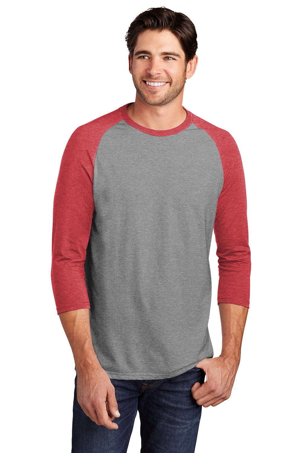 District DM136 Mens Perfect Tri 3/4 Sleeve Crewneck T-Shirt Grey Frost/Red Model Front