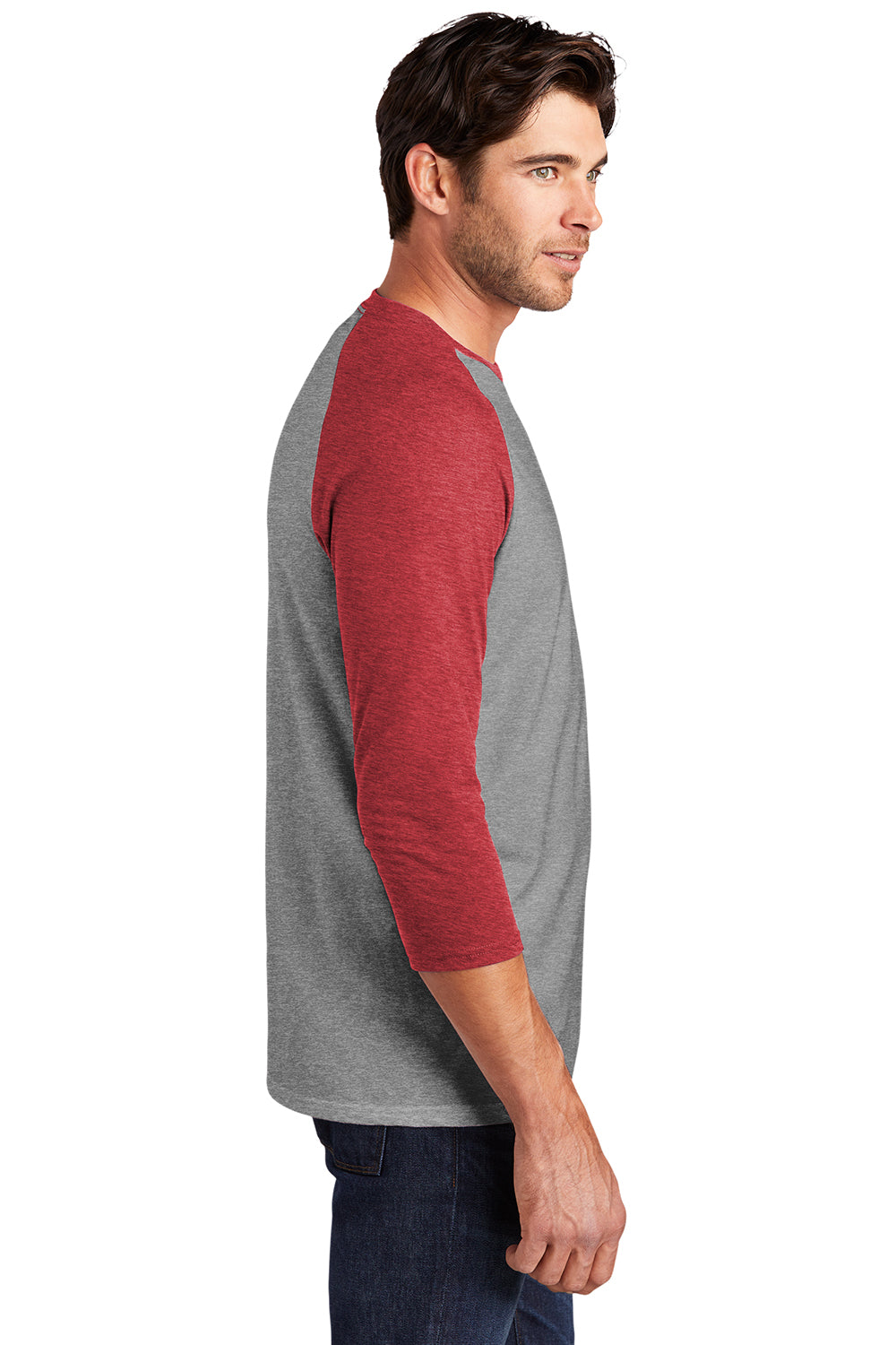 District DM136 Mens Perfect Tri 3/4 Sleeve Crewneck T-Shirt Grey Frost/Red Model Side