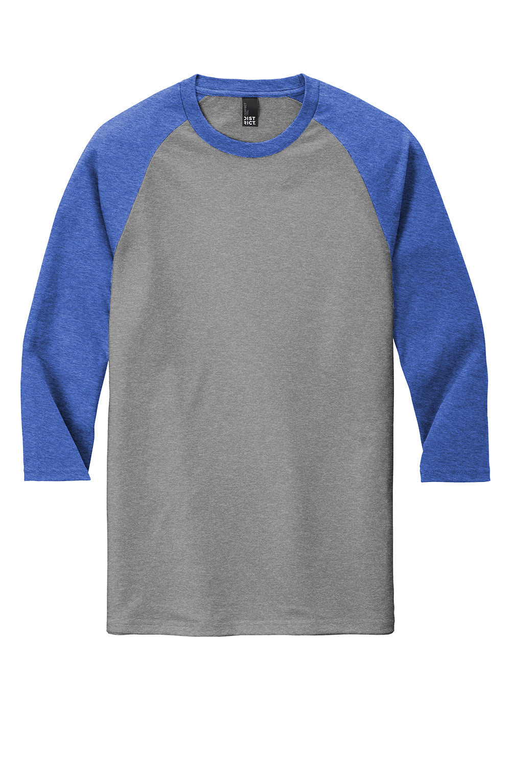 District DM136 Mens Perfect Tri 3/4 Sleeve Crewneck T-Shirt Grey Frost/Royal Blue Flat Front