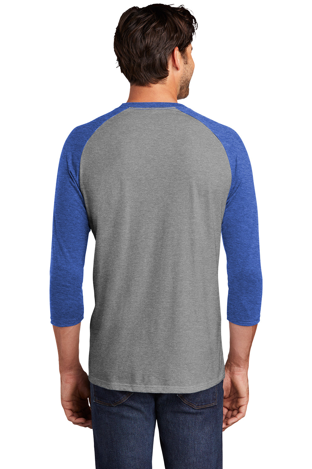 District DM136 Mens Perfect Tri 3/4 Sleeve Crewneck T-Shirt Grey Frost/Royal Blue Model Back