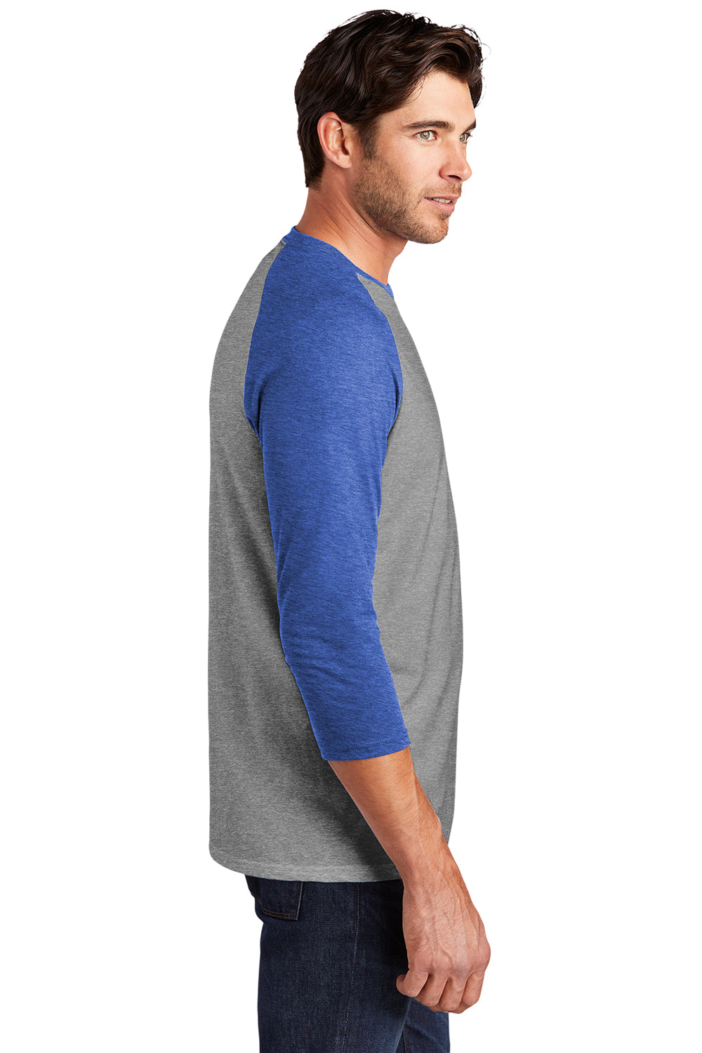 District DM136 Mens Perfect Tri 3/4 Sleeve Crewneck T-Shirt Grey Frost/Royal Blue Model Side