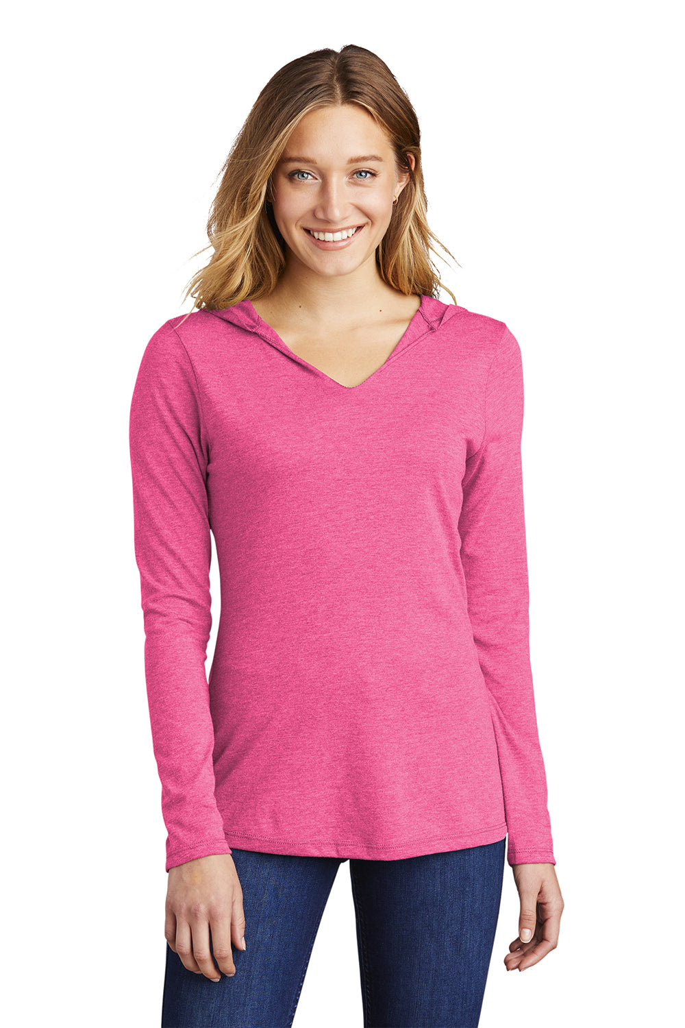 District DM139L Womens Perfect Tri Long Sleeve Hooded T-Shirt Hoodie Fuchsia Pink Frost Model Front