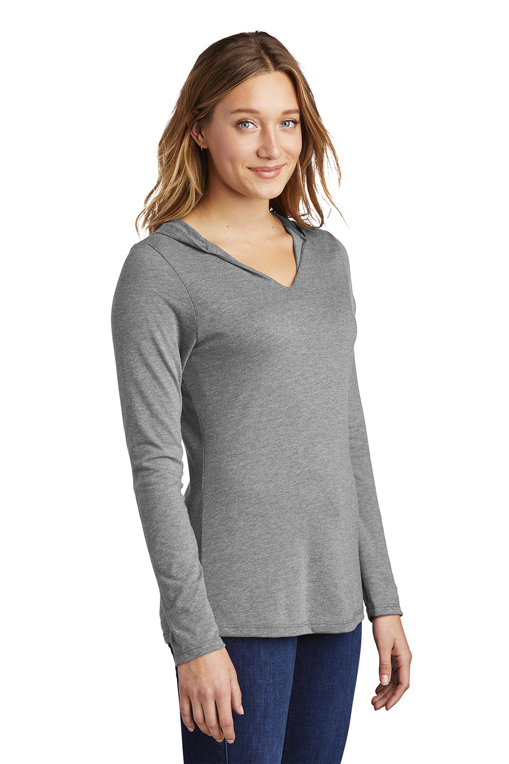 District DM139L Womens Perfect Tri Long Sleeve Hooded T-Shirt Hoodie Grey Frost Model 3q