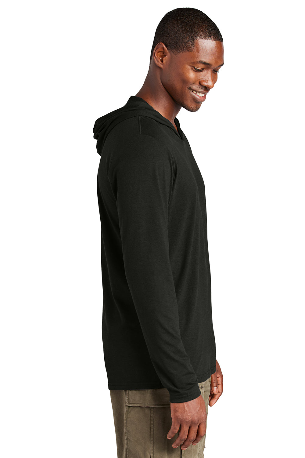 District DM139 Mens Perfect Tri Long Sleeve Hooded T-Shirt Hoodie Black Model Side