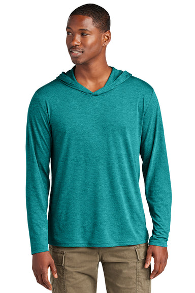 District DM139 Mens Perfect Tri Long Sleeve Hooded T-Shirt Hoodie Heather Teal Green Model Front