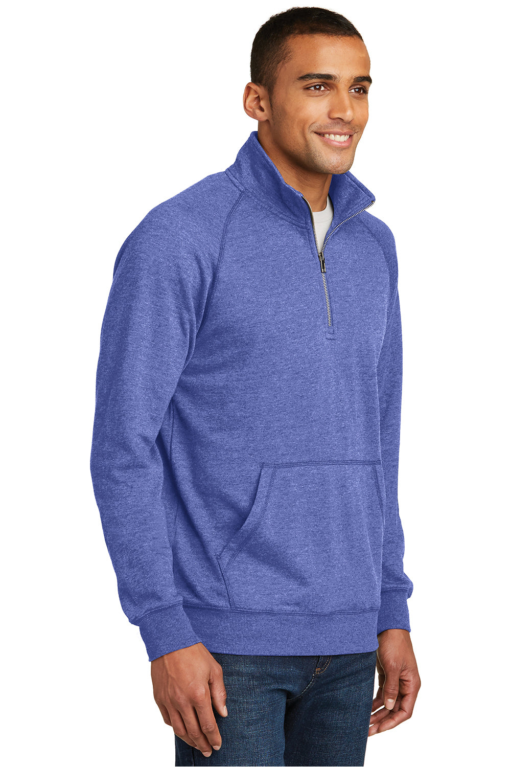 District DM392 Mens Fleece 1/4 Zip Sweatshirt Heather Deep Royal Blue Model 3q