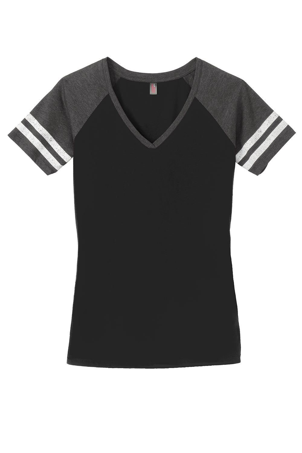 District DM476 Womens Game Short Sleeve V-Neck T-Shirt Black/Heather Charcoal Grey Flat Front