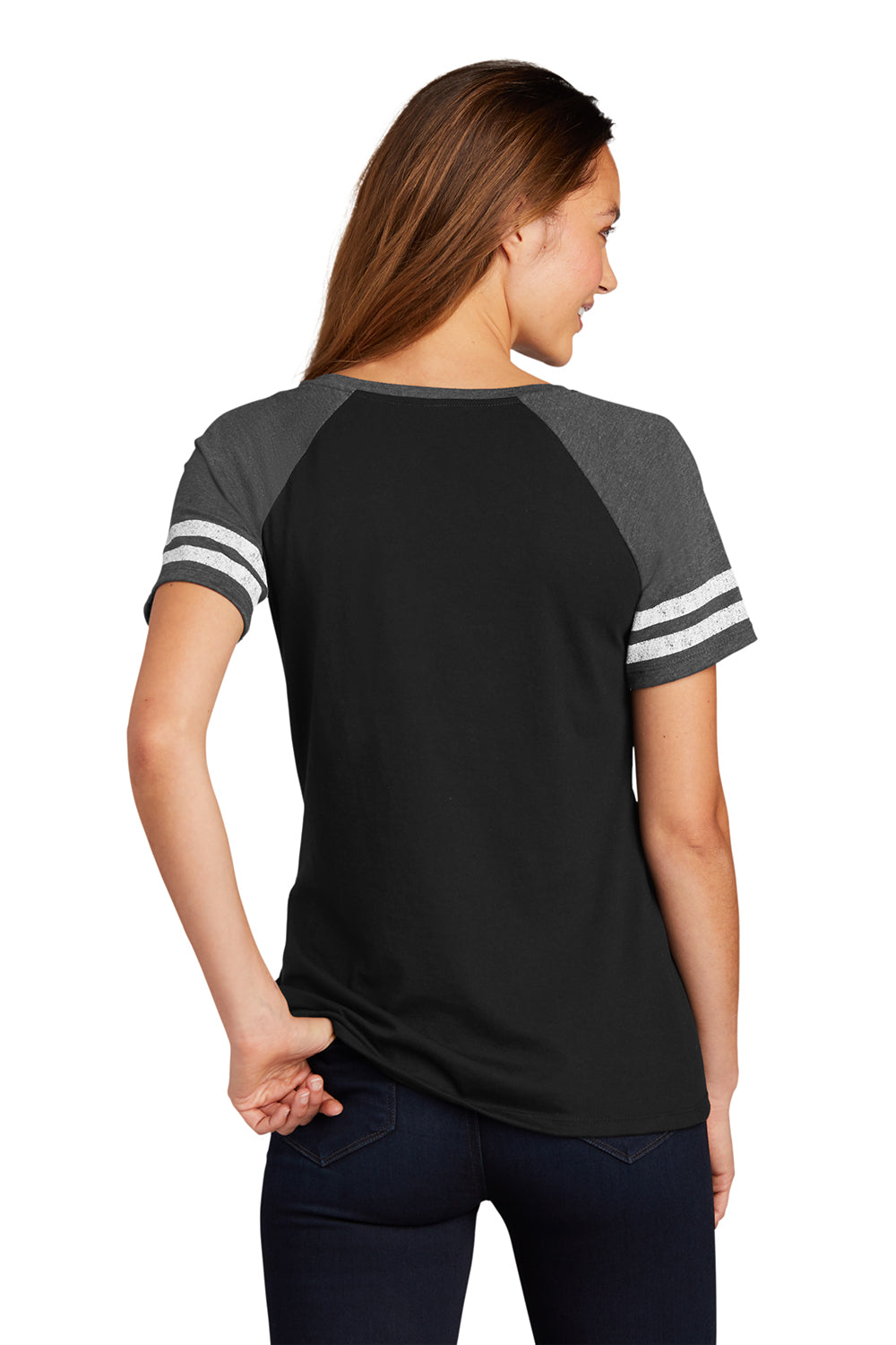 District DM476 Womens Game Short Sleeve V-Neck T-Shirt Black/Heather Charcoal Grey Model Back