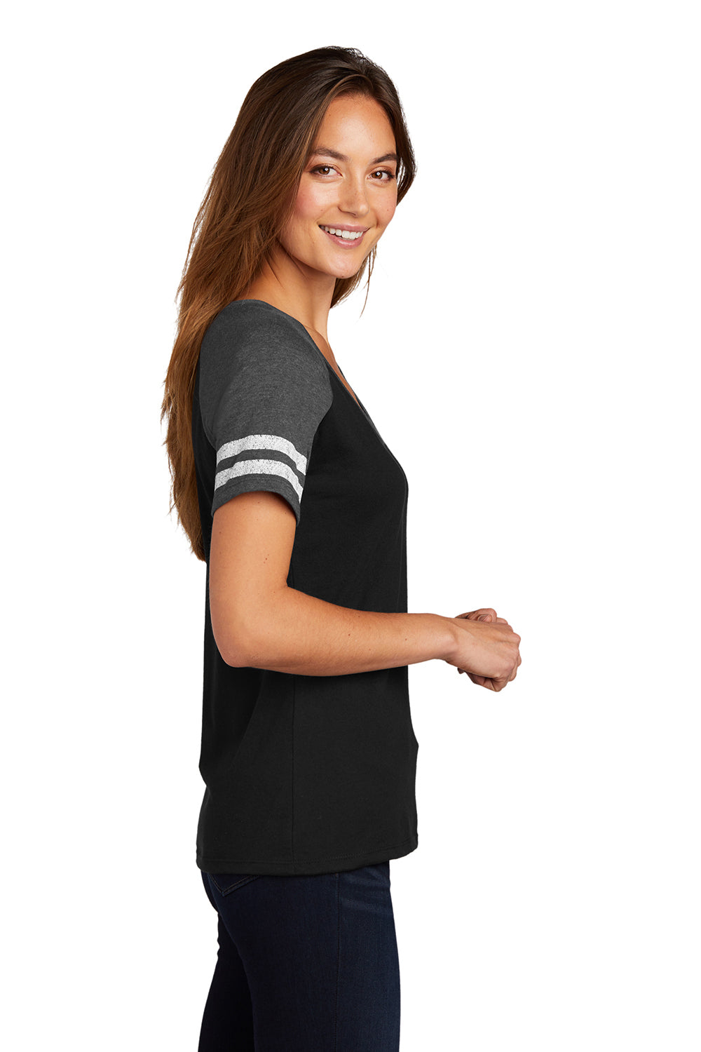 District DM476 Womens Game Short Sleeve V-Neck T-Shirt Black/Heather Charcoal Grey Model Side