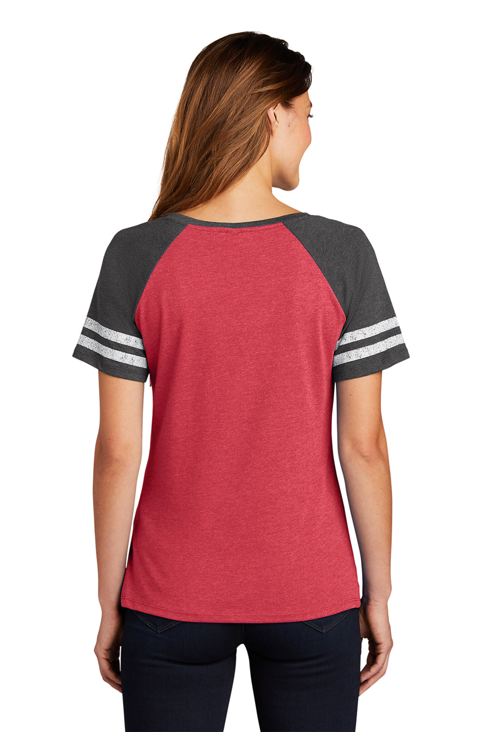 District DM476 Womens Game Short Sleeve V-Neck T-Shirt Heather Red/Heather Charcoal Grey Model Back