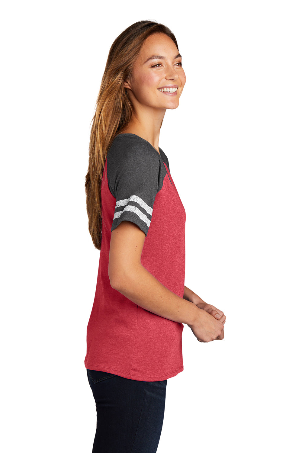 District DM476 Womens Game Short Sleeve V-Neck T-Shirt Heather Red/Heather Charcoal Grey Model Side