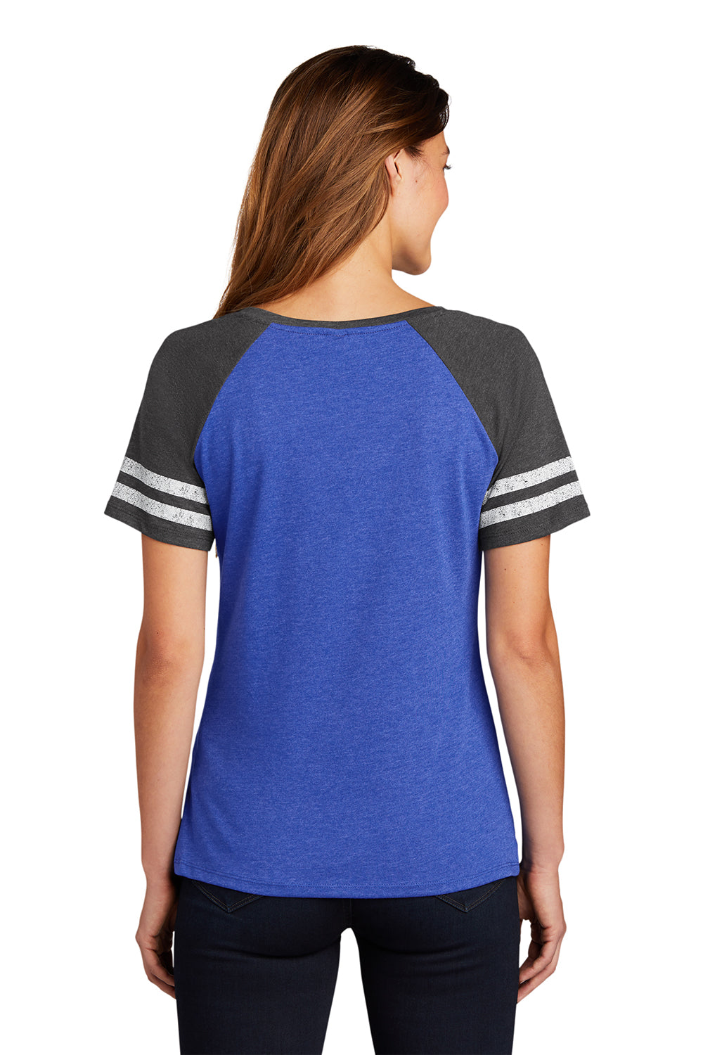 District DM476 Womens Game Short Sleeve V-Neck T-Shirt Heather True Royal Blue/Heather Charcoal Grey Model Back