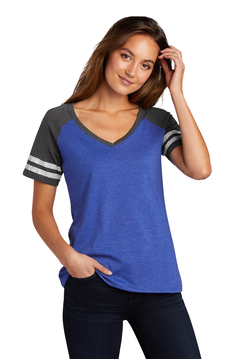 District DM476 Womens Game Short Sleeve V-Neck T-Shirt Heather True Royal Blue/Heather Charcoal Grey Model Front