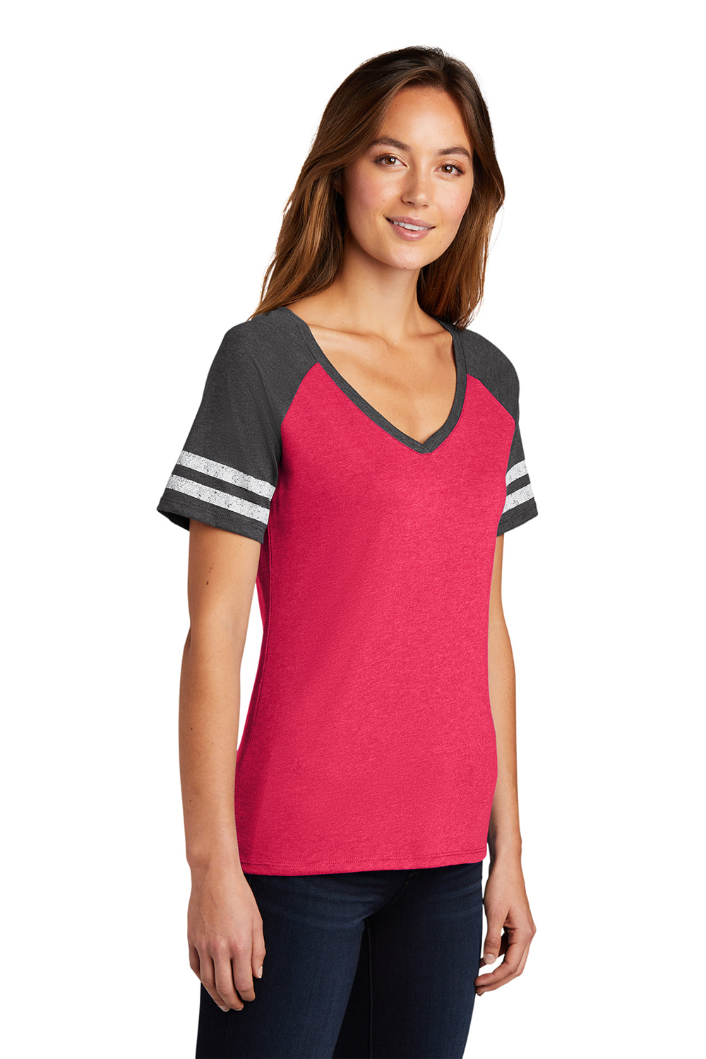 District DM476 Womens Game Short Sleeve V-Neck T-Shirt Heather Watermelon Pink/Heather Charcoal Grey Model 3q