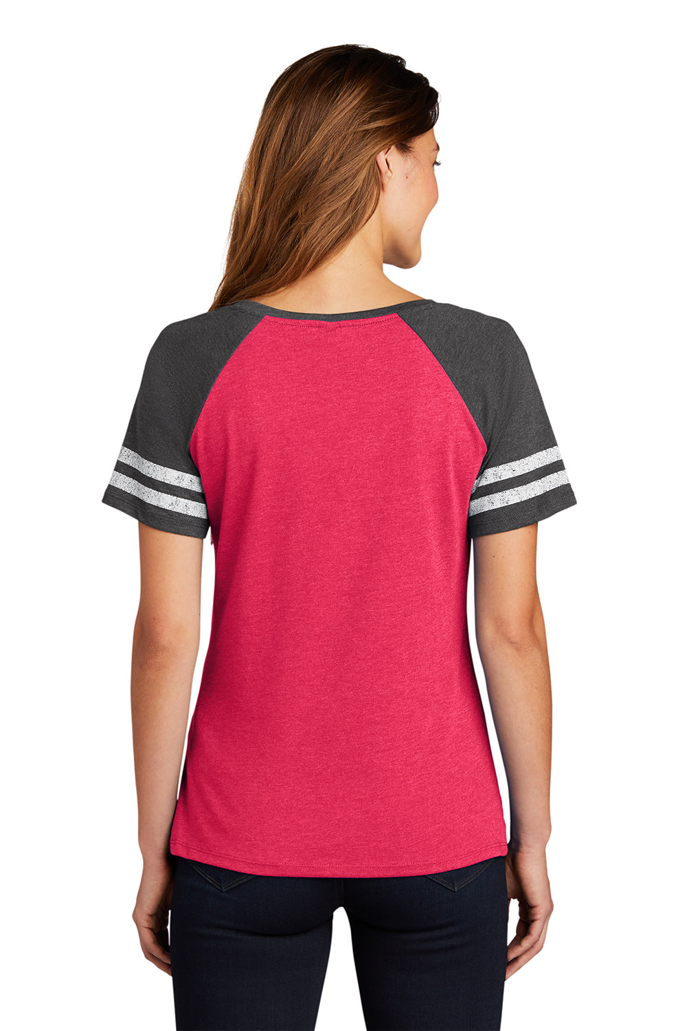 District DM476 Womens Game Short Sleeve V-Neck T-Shirt Heather Watermelon Pink/Heather Charcoal Grey Model Back