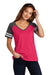 District DM476 Womens Game Short Sleeve V-Neck T-Shirt Heather Watermelon Pink/Heather Charcoal Grey Model Front