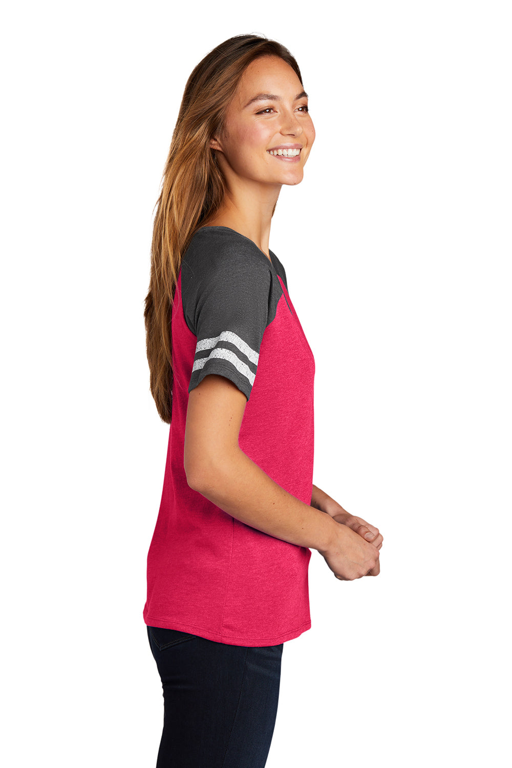 District DM476 Womens Game Short Sleeve V-Neck T-Shirt Heather Watermelon Pink/Heather Charcoal Grey Model Side