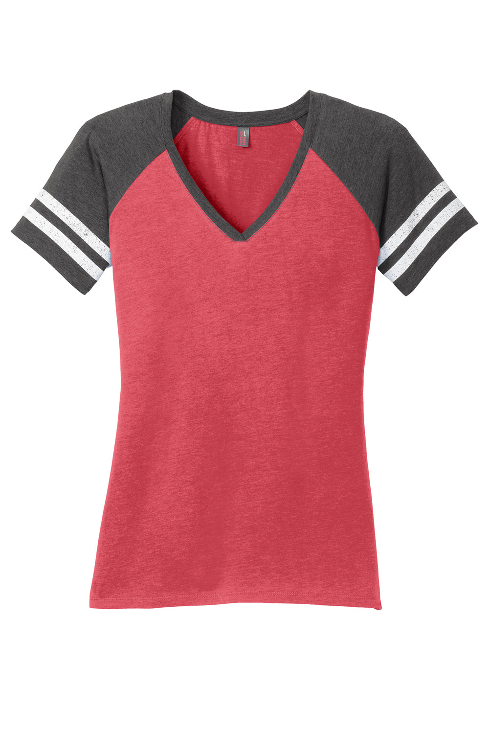 District DM476 Womens Game Short Sleeve V-Neck T-Shirt Heather Red/Heather Charcoal Grey Flat Front