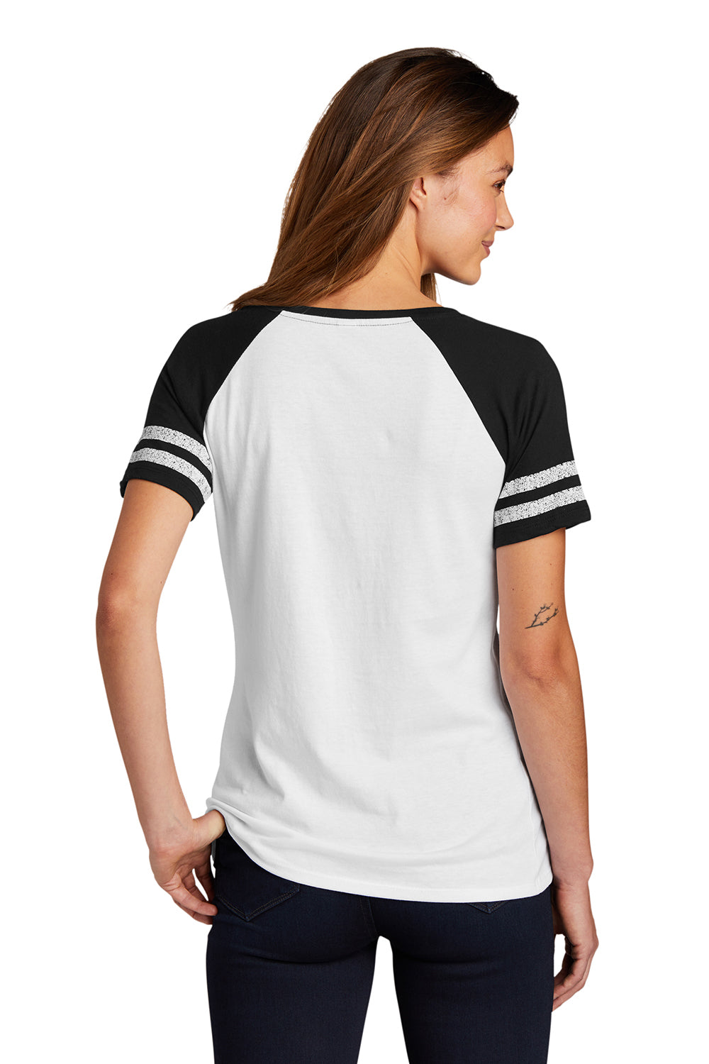 District DM476 Womens Game Short Sleeve V-Neck T-Shirt White/Black Model Back