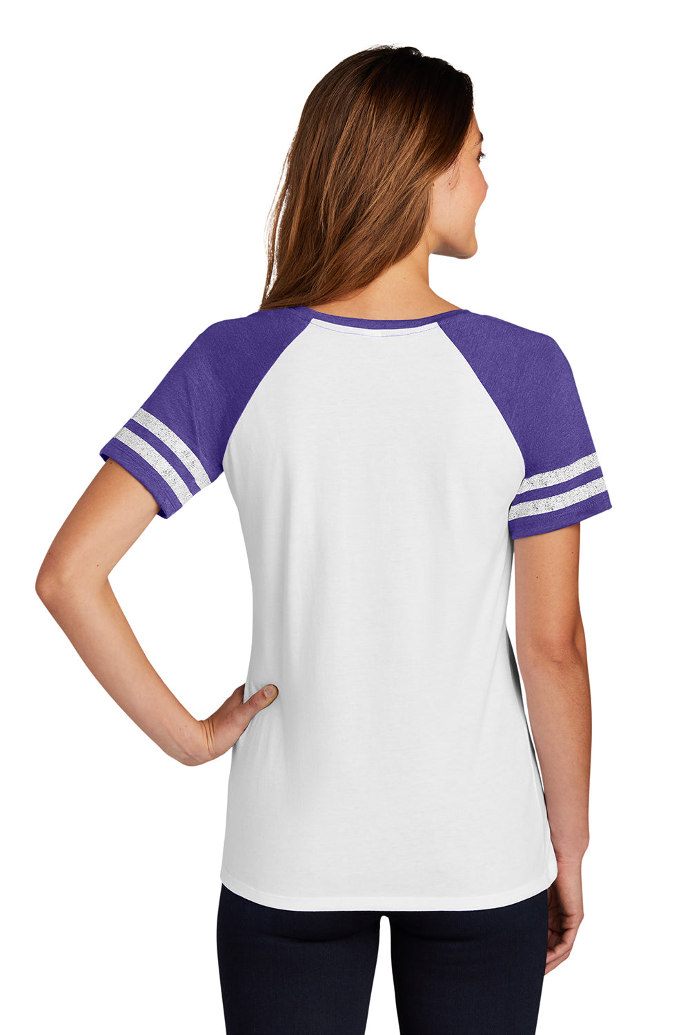 District DM476 Womens Game Short Sleeve V-Neck T-Shirt White/Heather Purple Model Back