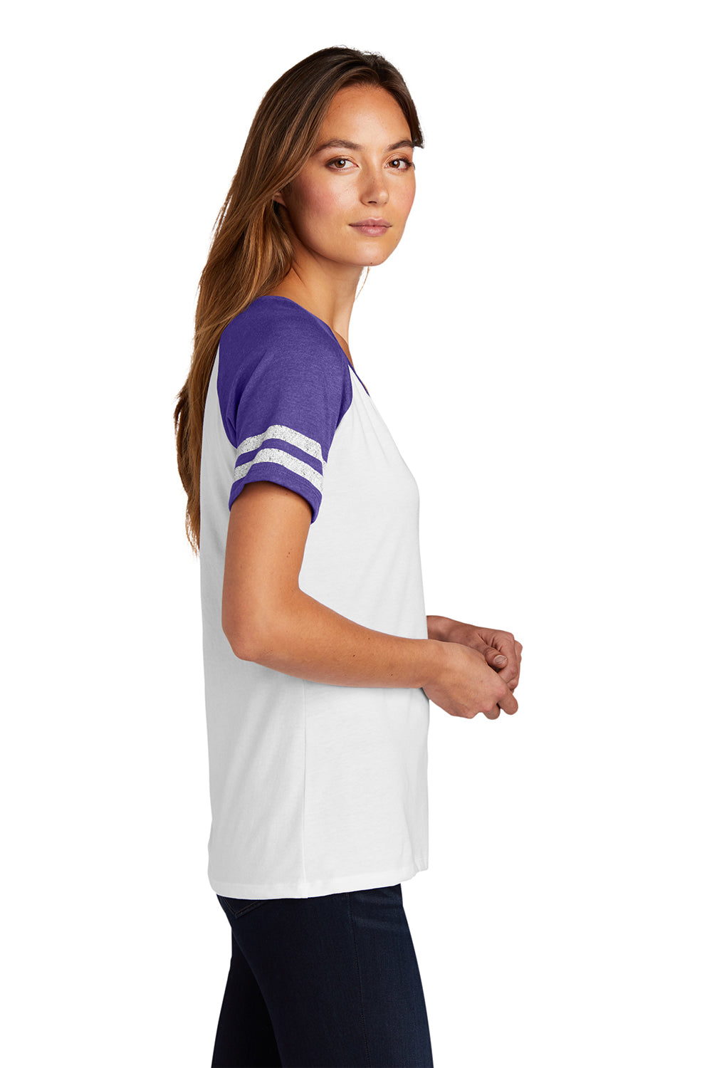 District DM476 Womens Game Short Sleeve V-Neck T-Shirt White/Heather Purple Model Side