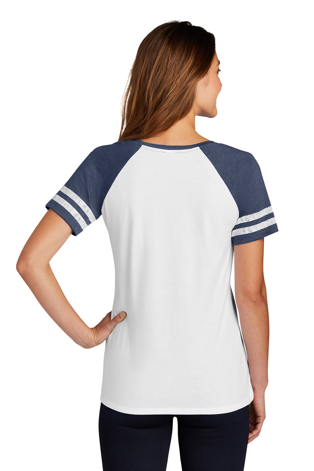 District DM476 Womens Game Short Sleeve V-Neck T-Shirt White/Heather Navy Blue Model Back