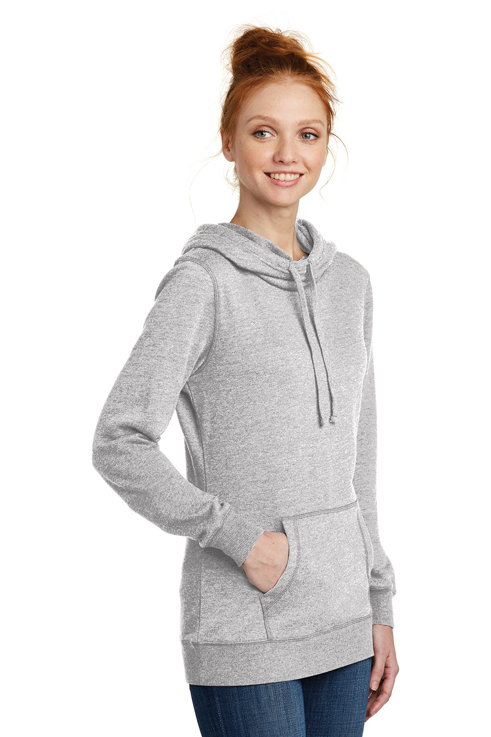 District DM493 Womens Fleece Hooded Sweatshirt Hoodie Heather Grey Model 3q