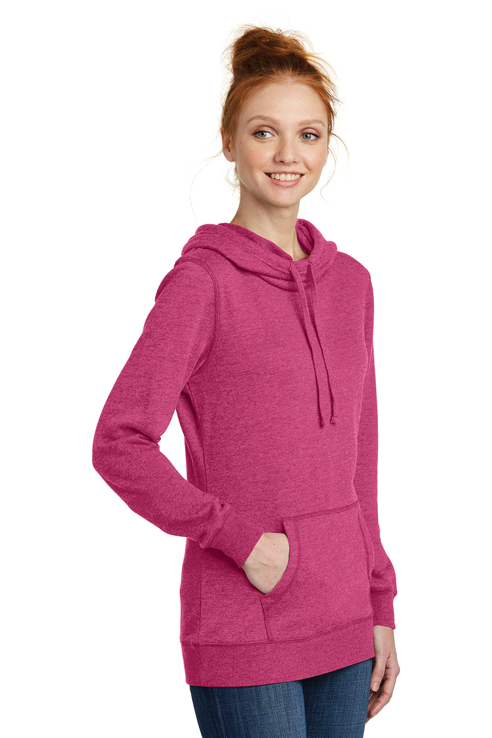 District DM493 Womens Fleece Hooded Sweatshirt Hoodie Heather Azalea Pink Model 3q