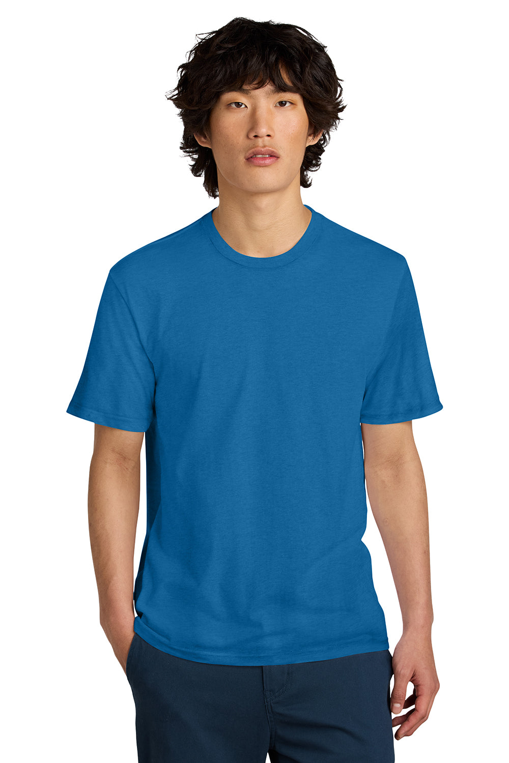 District DT104 Mens Perfect Weight Short Sleeve Crewneck T-Shirt Bright Blue Model Front