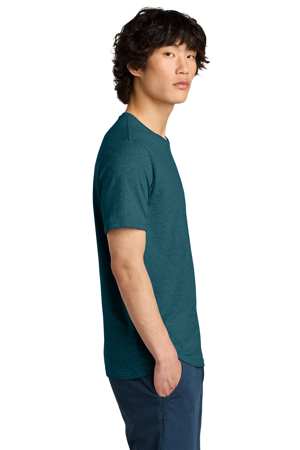 District DT104 Mens Perfect Weight Short Sleeve Crewneck T-Shirt Heather Caribbean Blue Model Side