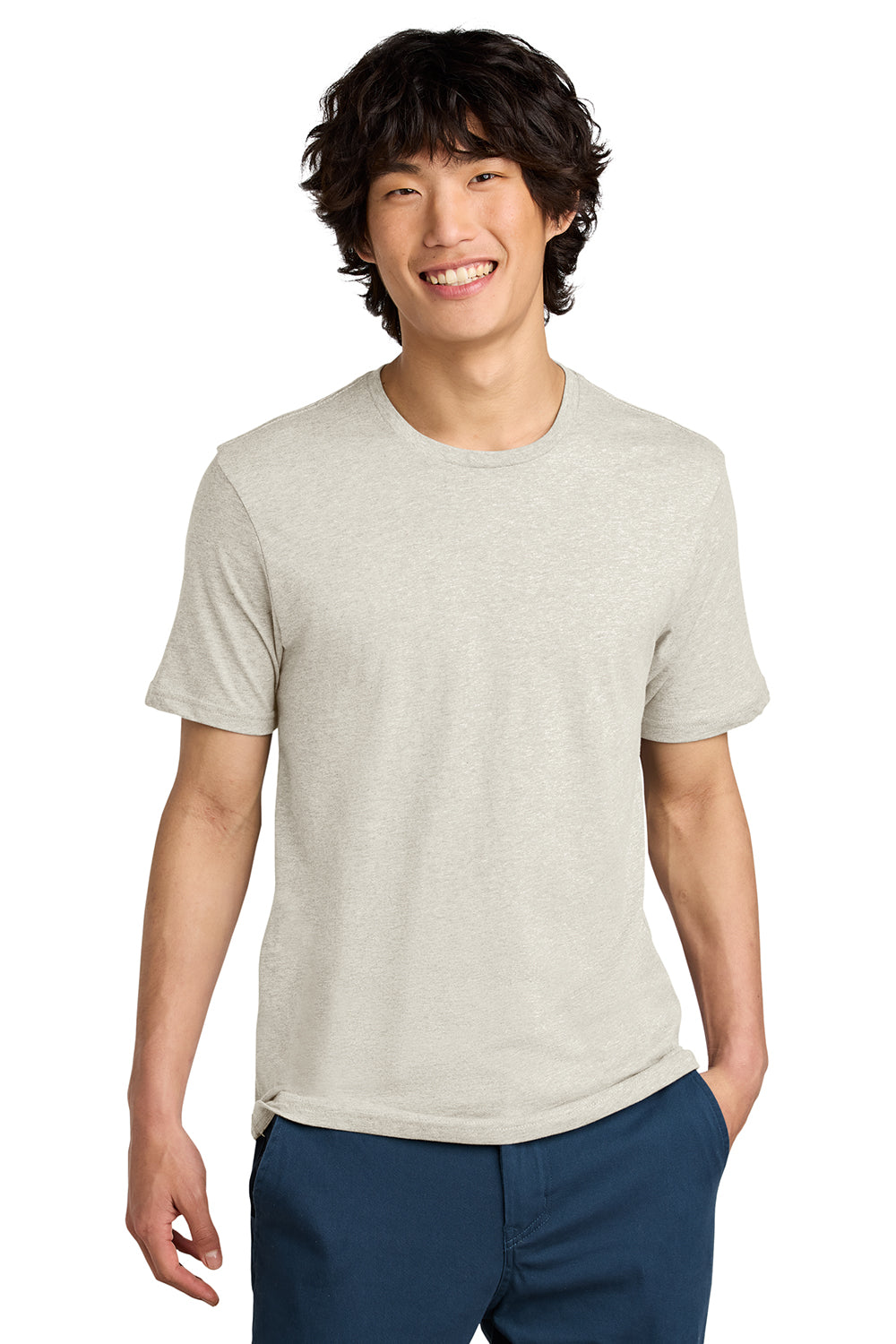 District DT104 Mens Perfect Weight Short Sleeve Crewneck T-Shirt Heather Oatmeal Model Front