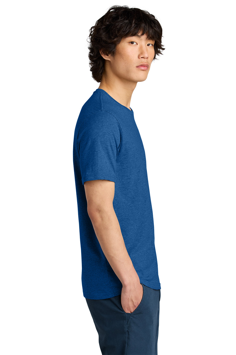 District DT104 Mens Perfect Weight Short Sleeve Crewneck T-Shirt Heather Royal Blue Model Side