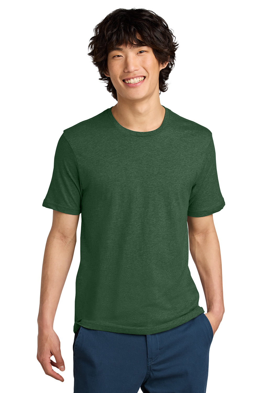 District DT104 Mens Perfect Weight Short Sleeve Crewneck T-Shirt Heather Timber Green Model Front