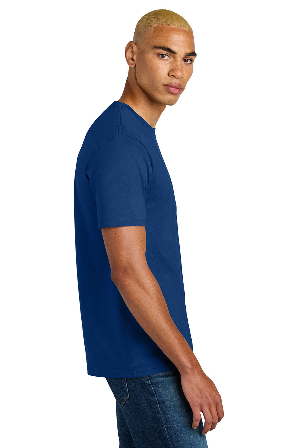 District DT106 Mens Perfect Weight Icon Short Sleeve Crewneck T-Shirt Deep Royal Blue Model Side