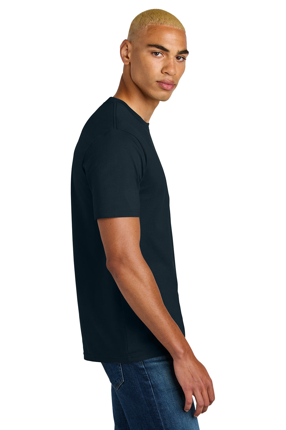 District DT106 Mens Perfect Weight Icon Short Sleeve Crewneck T-Shirt New Navy Blue Model Side