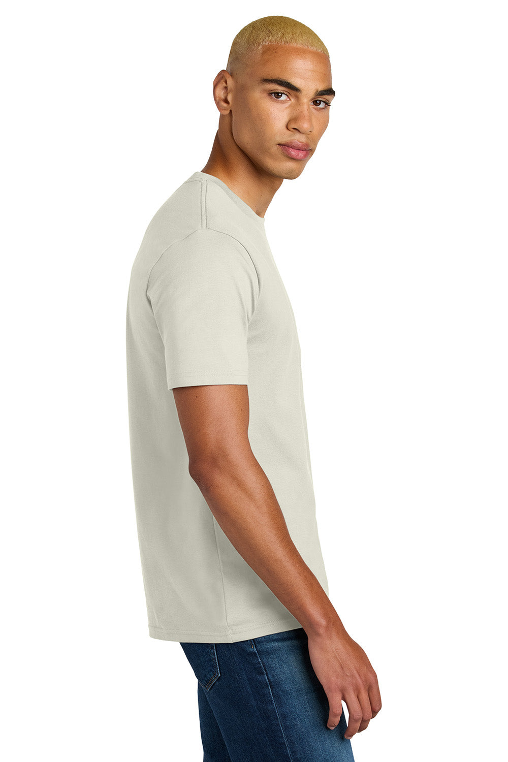 District DT106 Mens Perfect Weight Icon Short Sleeve Crewneck T-Shirt Onyx White Model Side