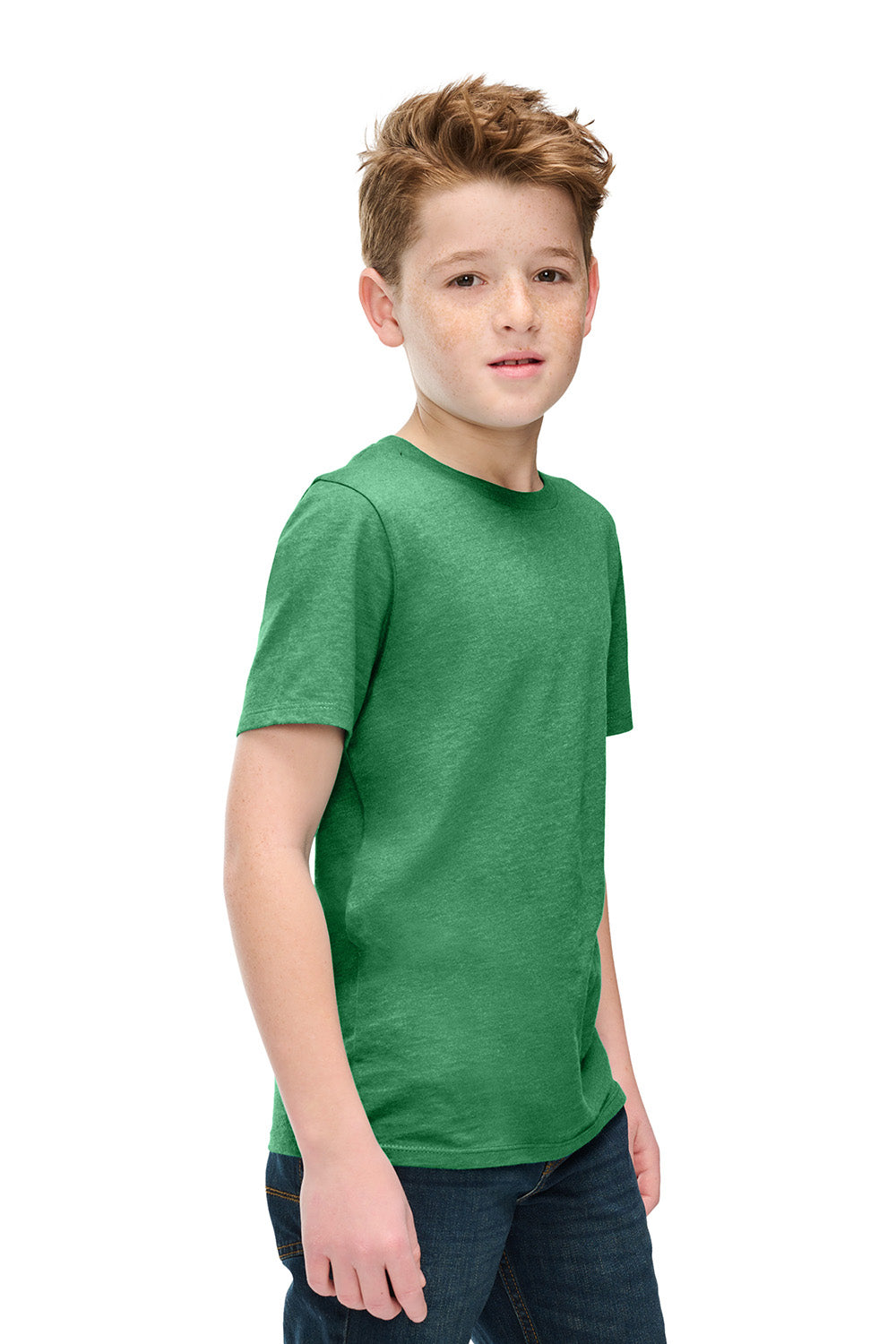 District DT108Y Youth Perfect Blend CVC Short Sleeve Crewneck T-Shirt Heather Kelly Green Model Side