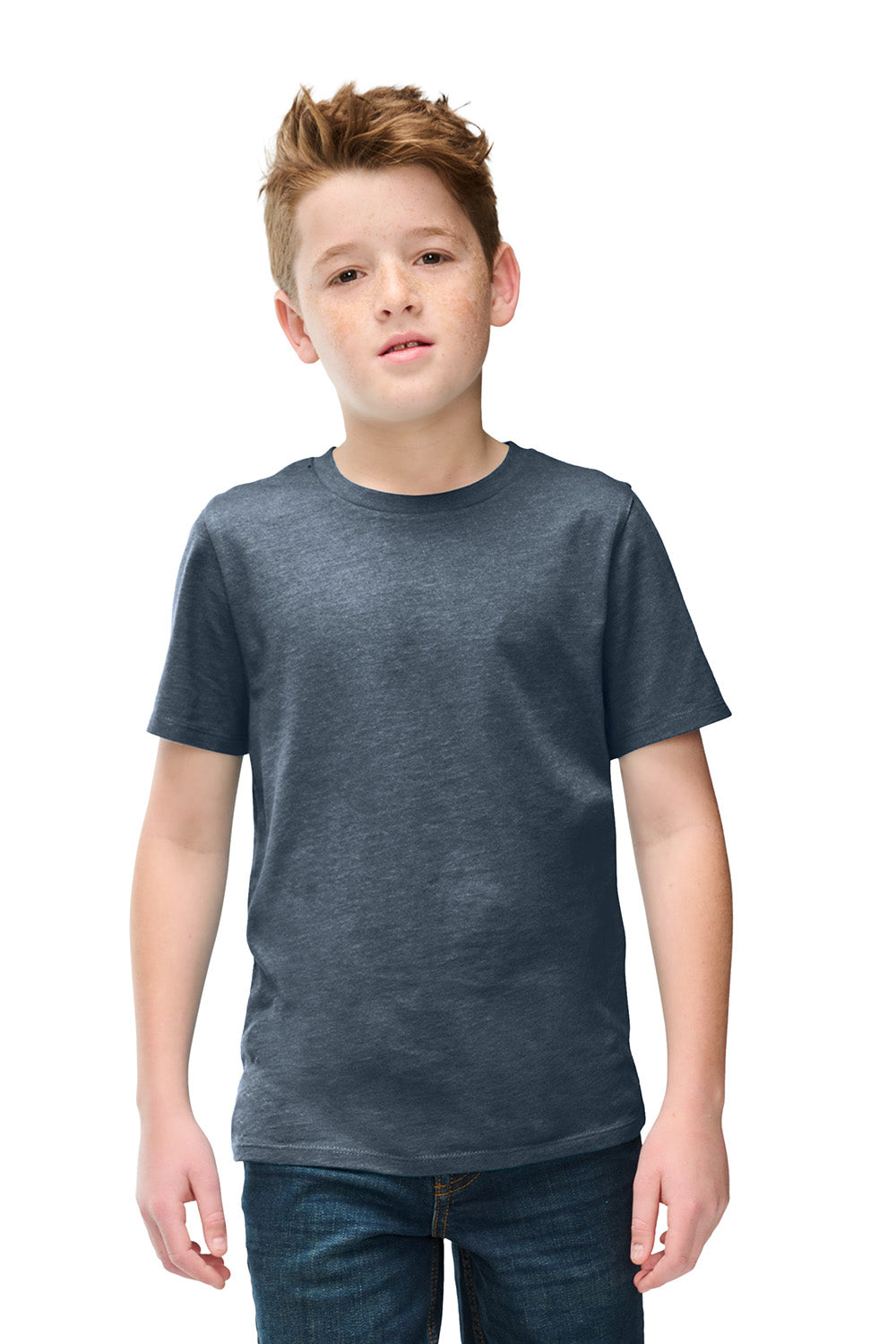 District DT108Y Youth Perfect Blend CVC Short Sleeve Crewneck T-Shirt Heather Navy Blue Model Front