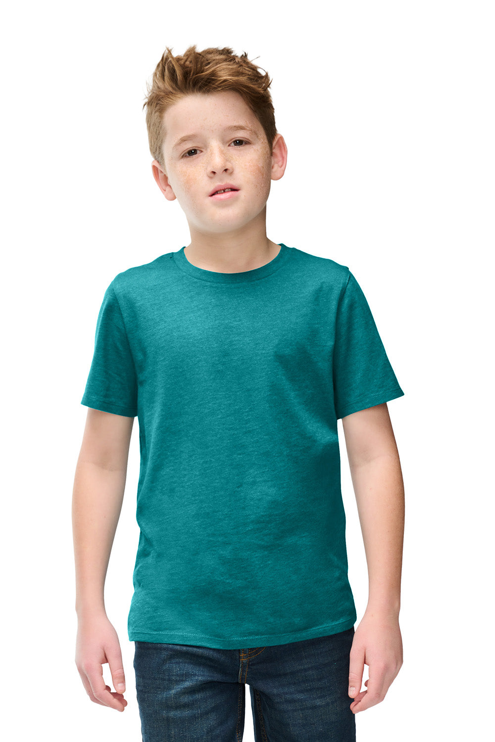 District DT108Y Youth Perfect Blend CVC Short Sleeve Crewneck T-Shirt Heather Teal Blue Model Front