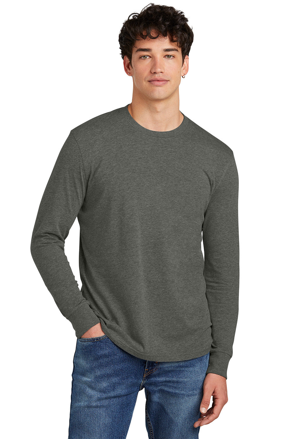 District DT109 Mens Perfect Blend CVC Long Sleeve Crewneck T-Shirt Heather Charcoal Grey Model Front