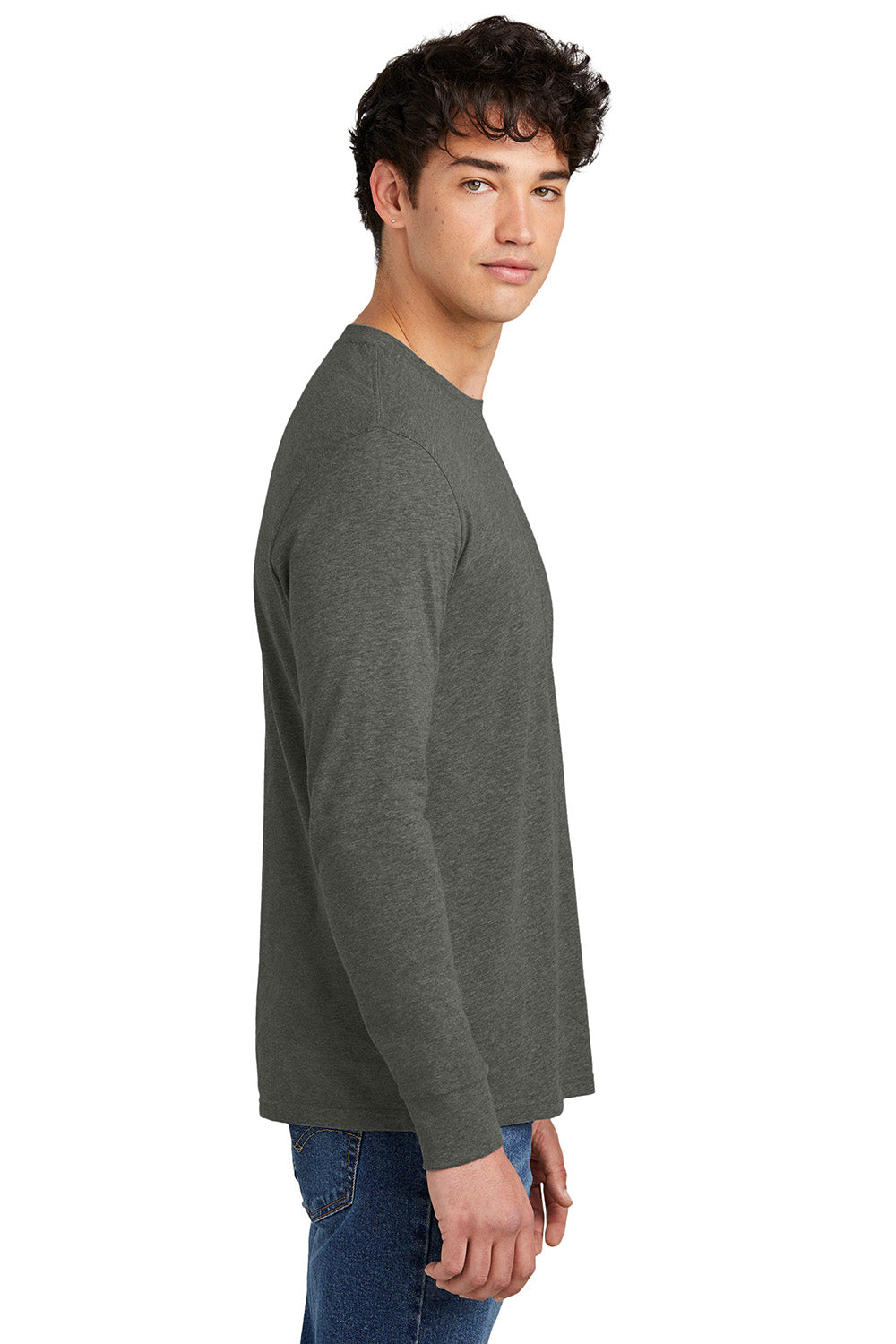 District DT109 Mens Perfect Blend CVC Long Sleeve Crewneck T-Shirt Heather Charcoal Grey Model Side