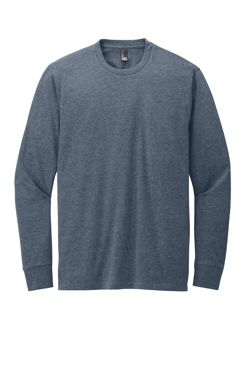 District DT109 Mens Perfect Blend CVC Long Sleeve Crewneck T-Shirt Heather Navy Blue Flat Front