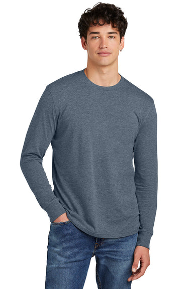 District DT109 Mens Perfect Blend CVC Long Sleeve Crewneck T-Shirt Heather Navy Blue Model Front