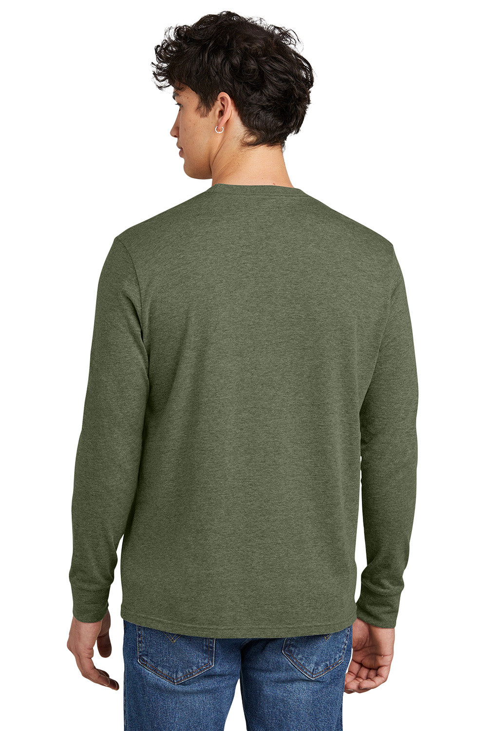 District DT109 Mens Perfect Blend CVC Long Sleeve Crewneck T-Shirt Heather Olive Green Model Back