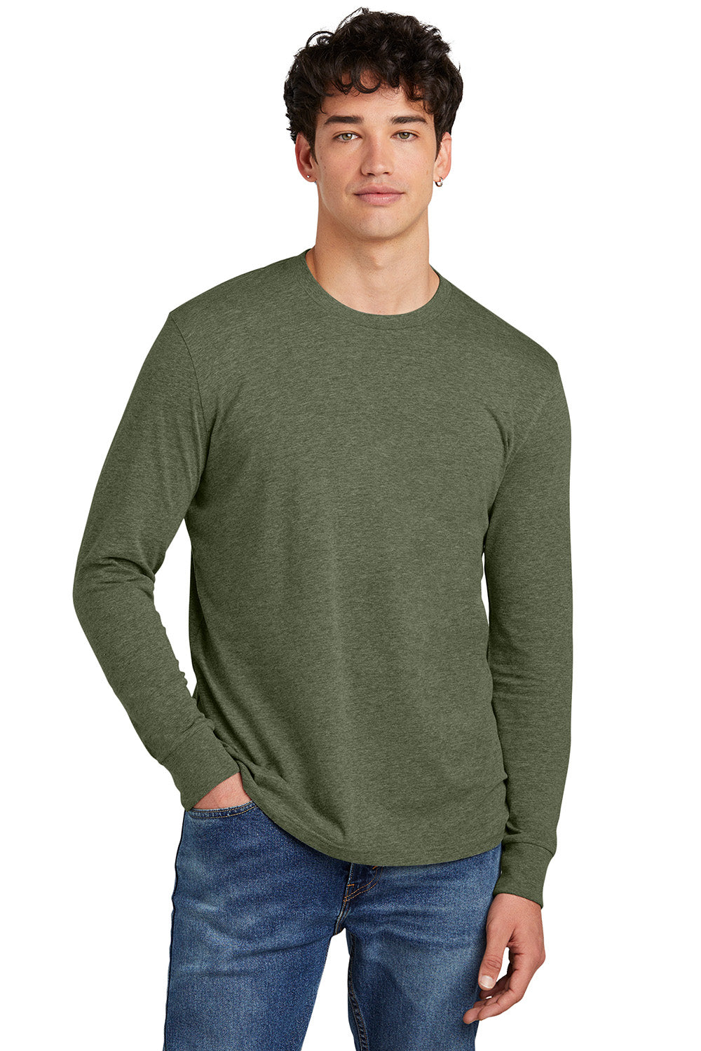 District DT109 Mens Perfect Blend CVC Long Sleeve Crewneck T-Shirt Heather Olive Green Model Front