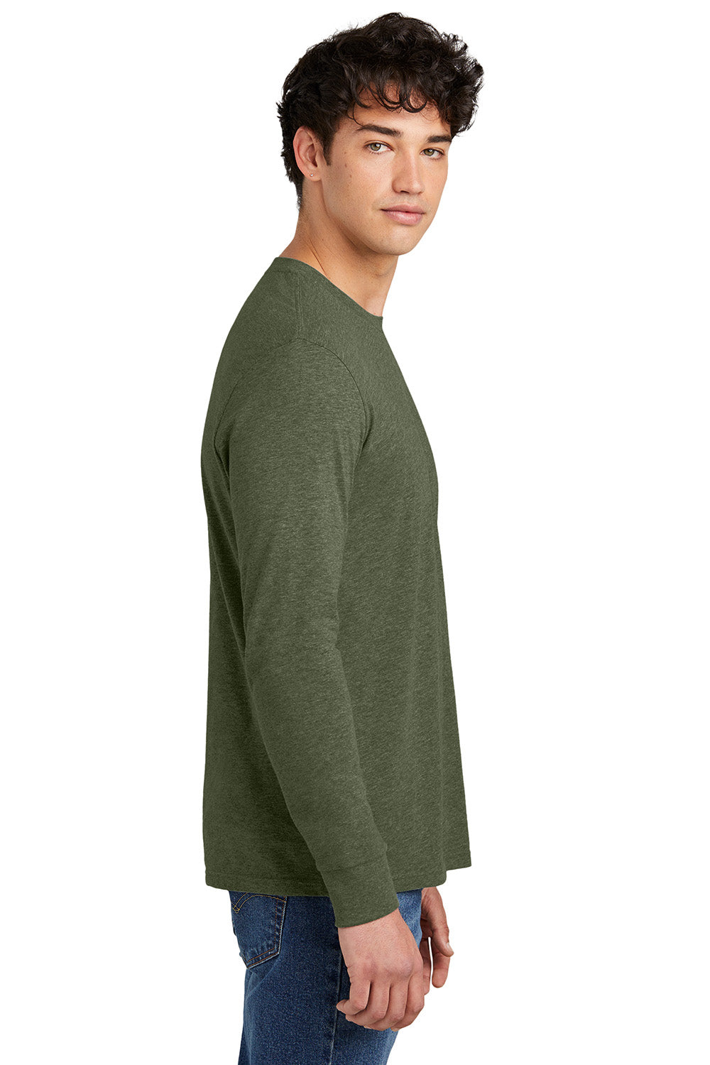 District DT109 Mens Perfect Blend CVC Long Sleeve Crewneck T-Shirt Heather Olive Green Model Side