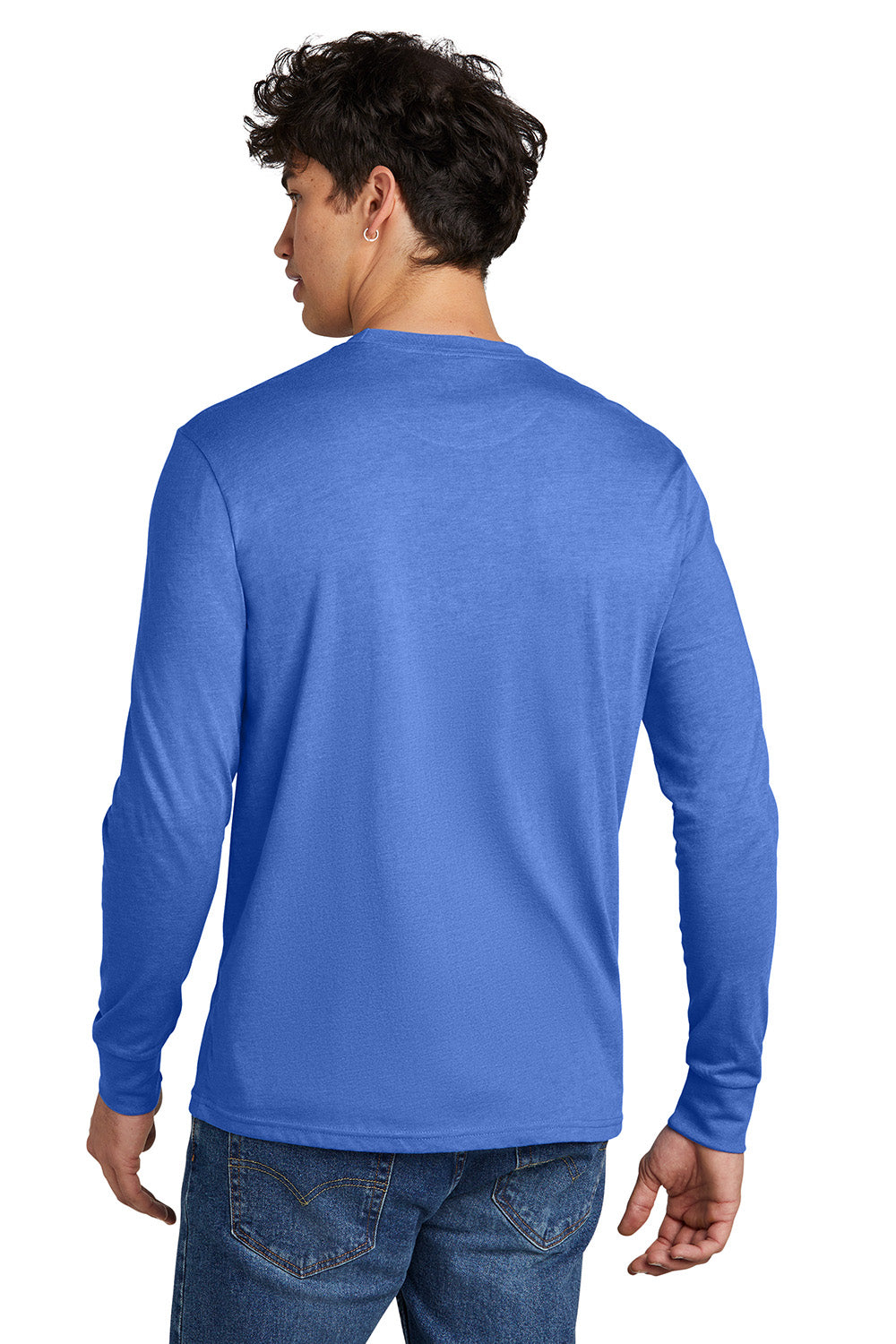 District DT109 Mens Perfect Blend CVC Long Sleeve Crewneck T-Shirt Heather Royal Blue Model Back